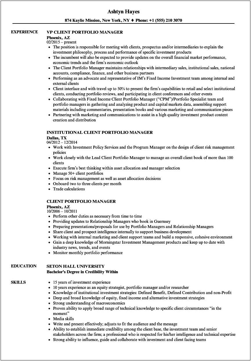 Client Facing Resume Samples Investment