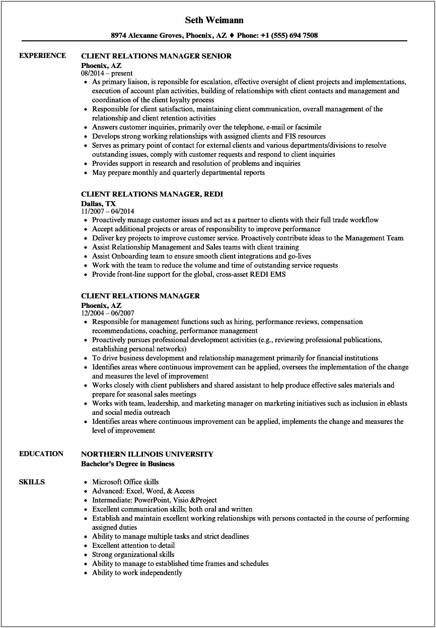 Client Relations Specialist Resume Sample