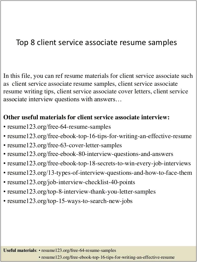 Client Service Associate Resume Objective