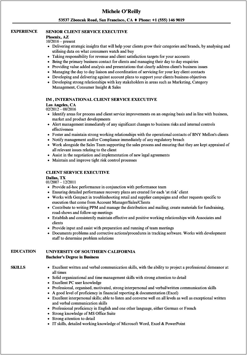 Client Services Job Description For Resume