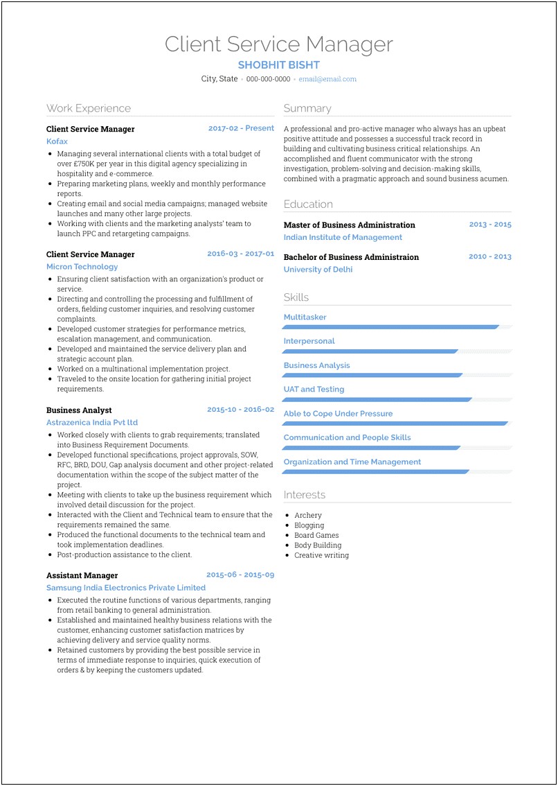 Client Services Manager Resume Summary