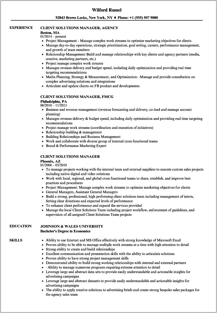 Client Solutions Manager Resume Example