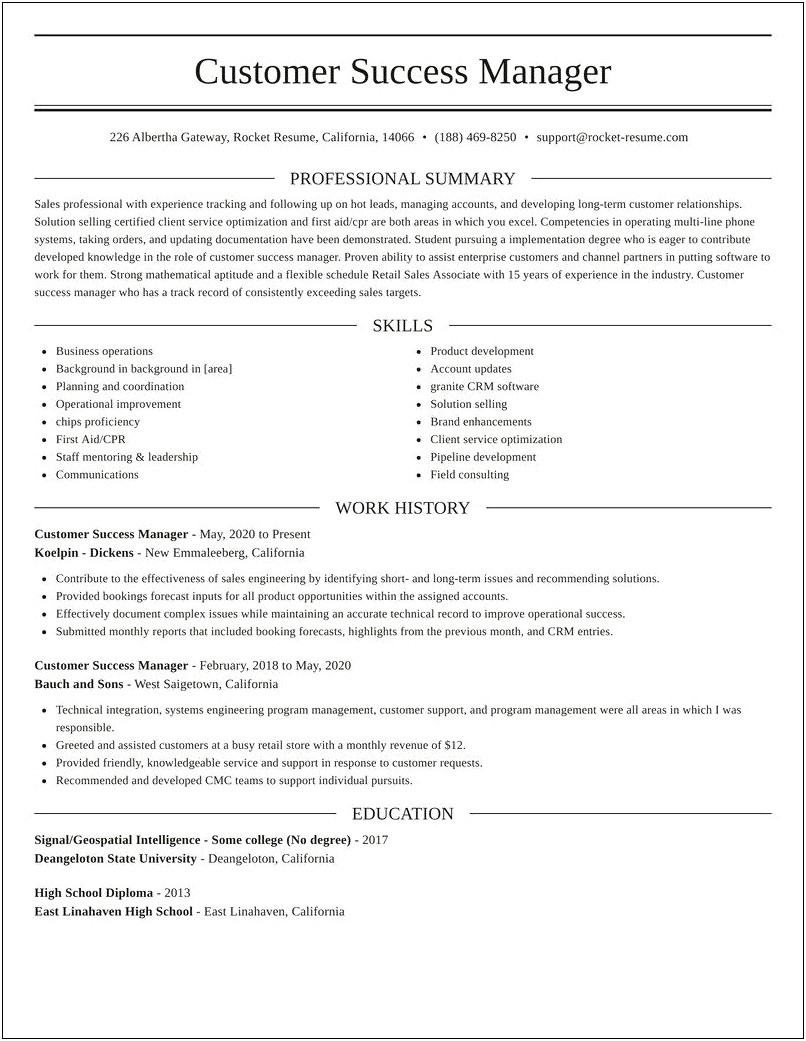 Client Success Manager Resume Summary