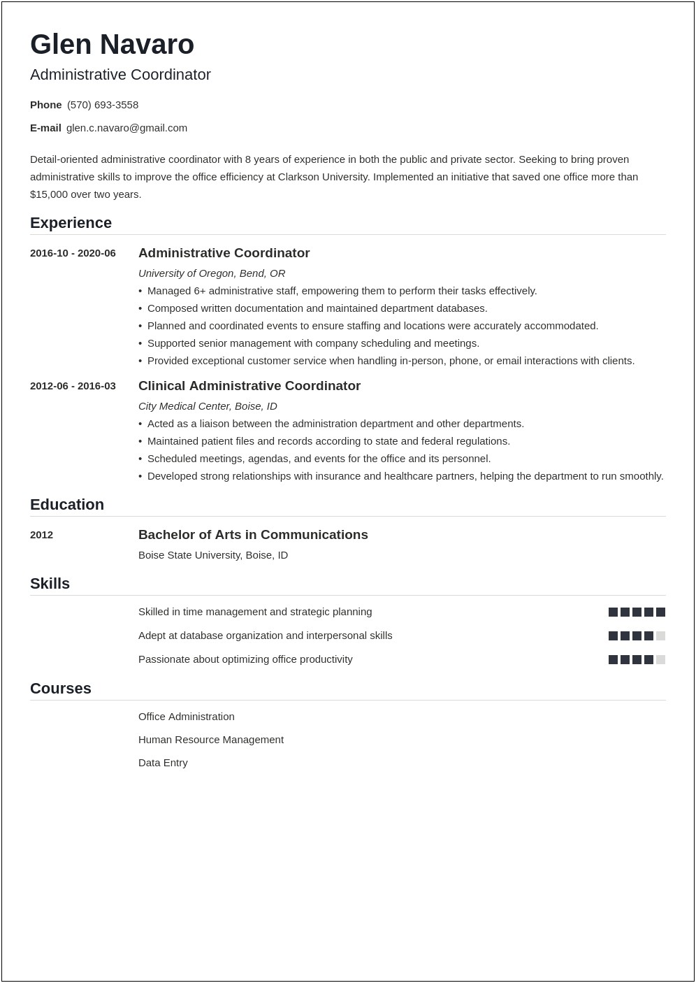 Clinical Administrative Coordinator Resume Sample