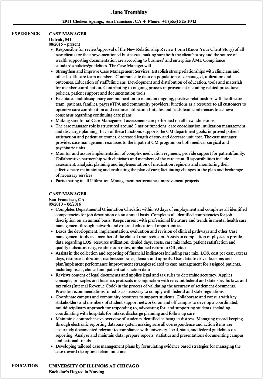 Clinical Case Manager Resume Example