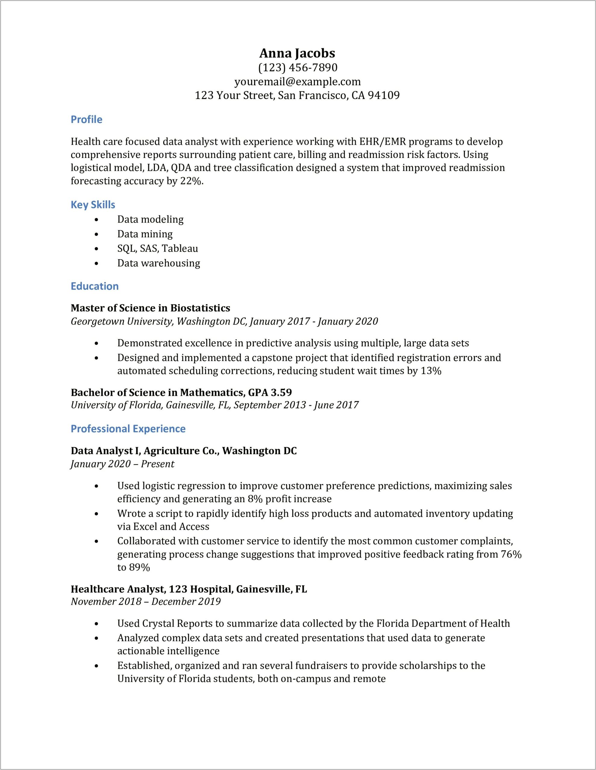 Clinical Data Analyst Resume Example