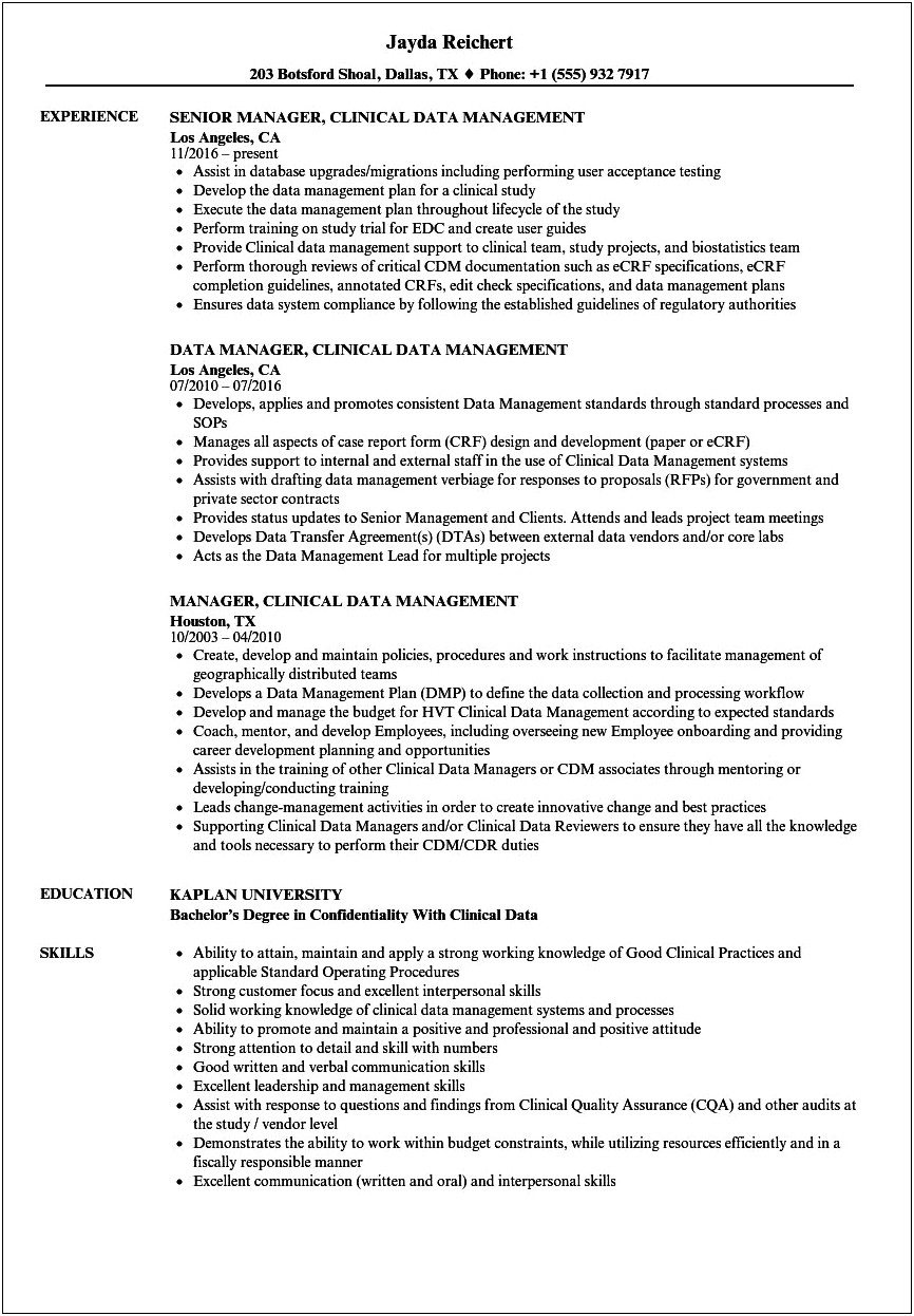 Clinical Data Entry Resume Sample