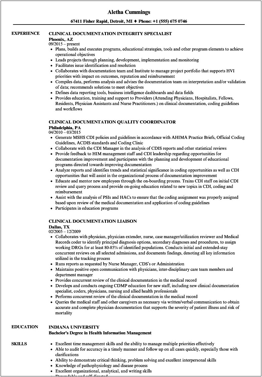 Clinical Documentation Specialist Objective Resume