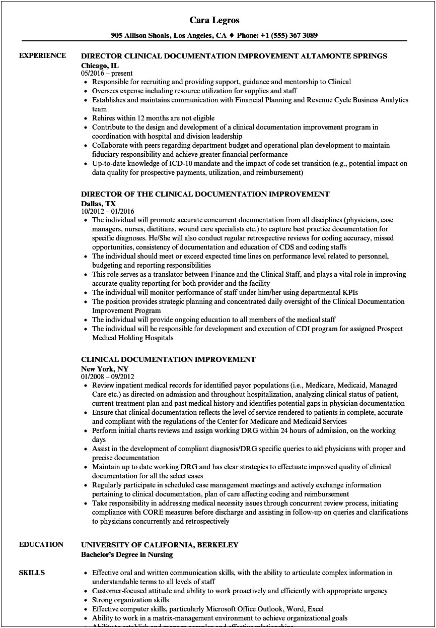 Clinical Documentation Specialist Sample Resume