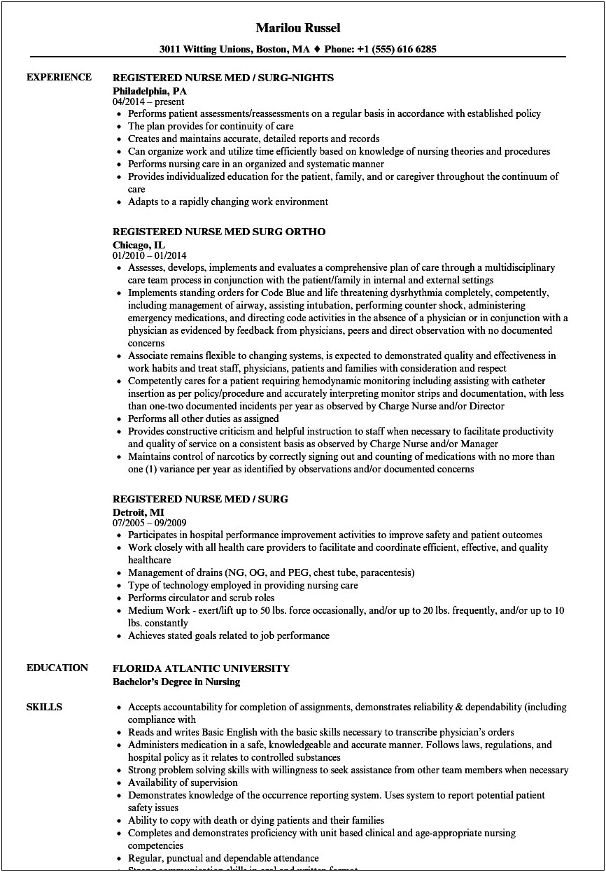 Clinical Experience On A Medical Surgical Floor Resume