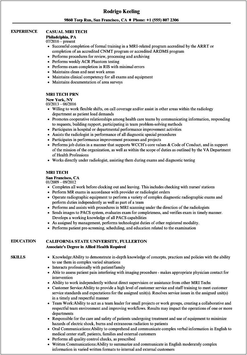 Clinical Experience On Resume As Mri Assistant