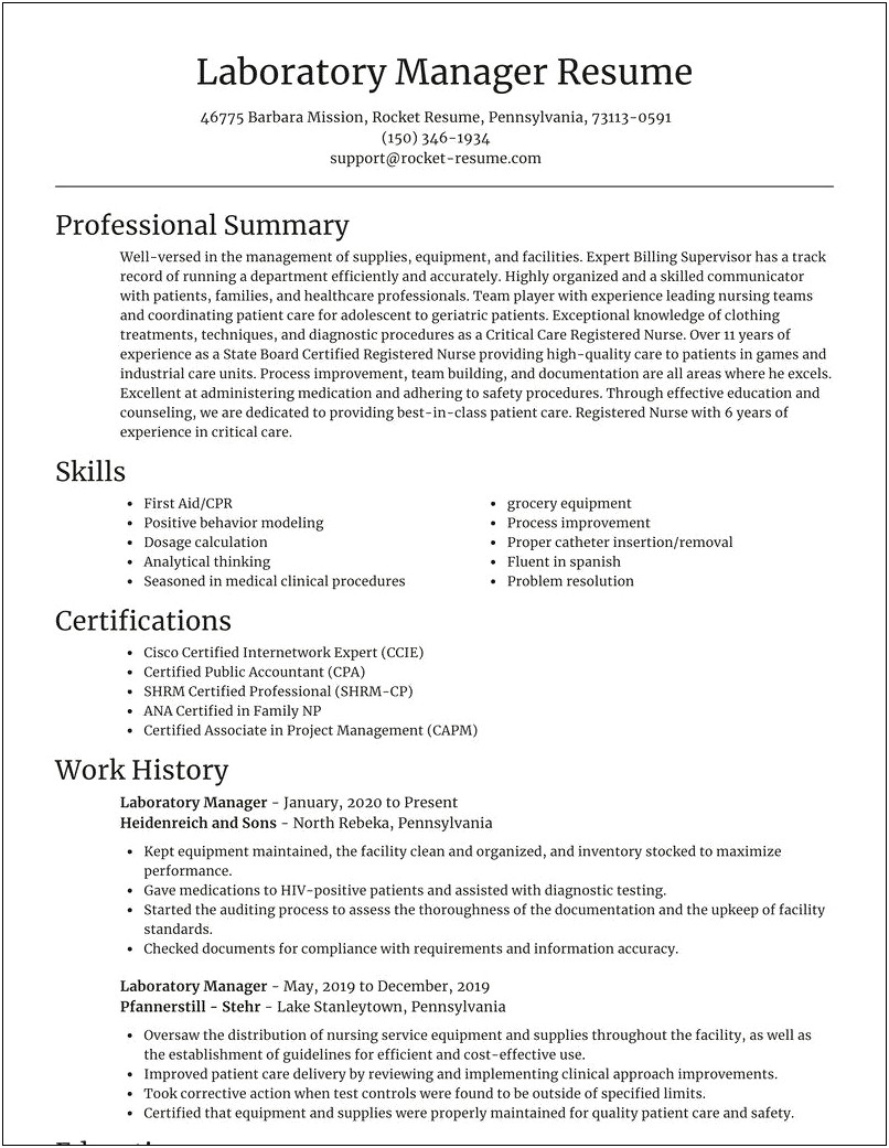 Clinical Laboratory Manager Resume Example