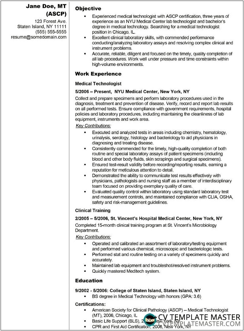 Clinical Laboratory Scientist Resume Sample