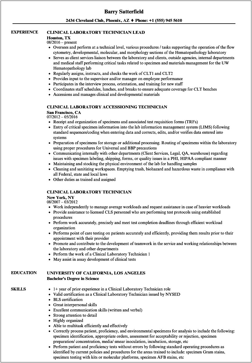 Clinical Laboratory Technician Resume Samples