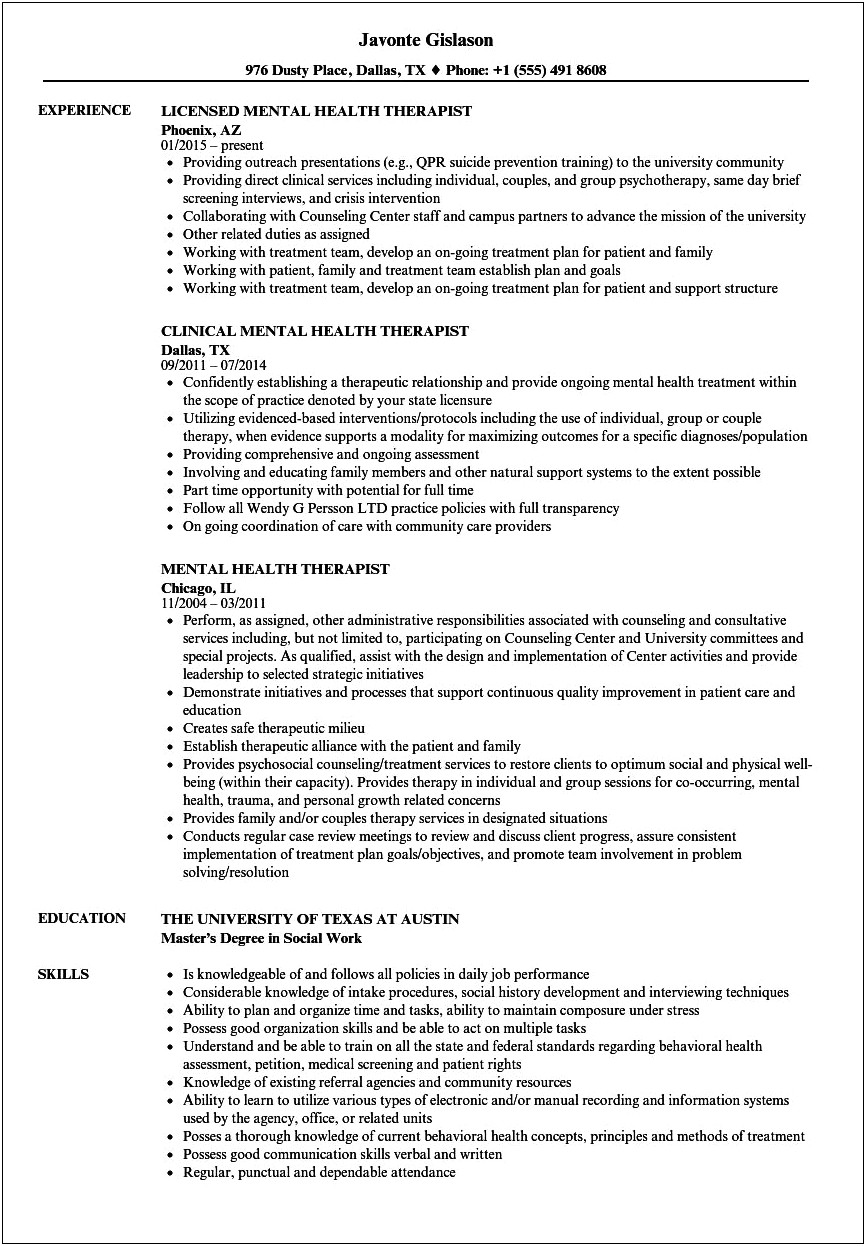 Clinical Mental Health Counseling Job Objective For Resume