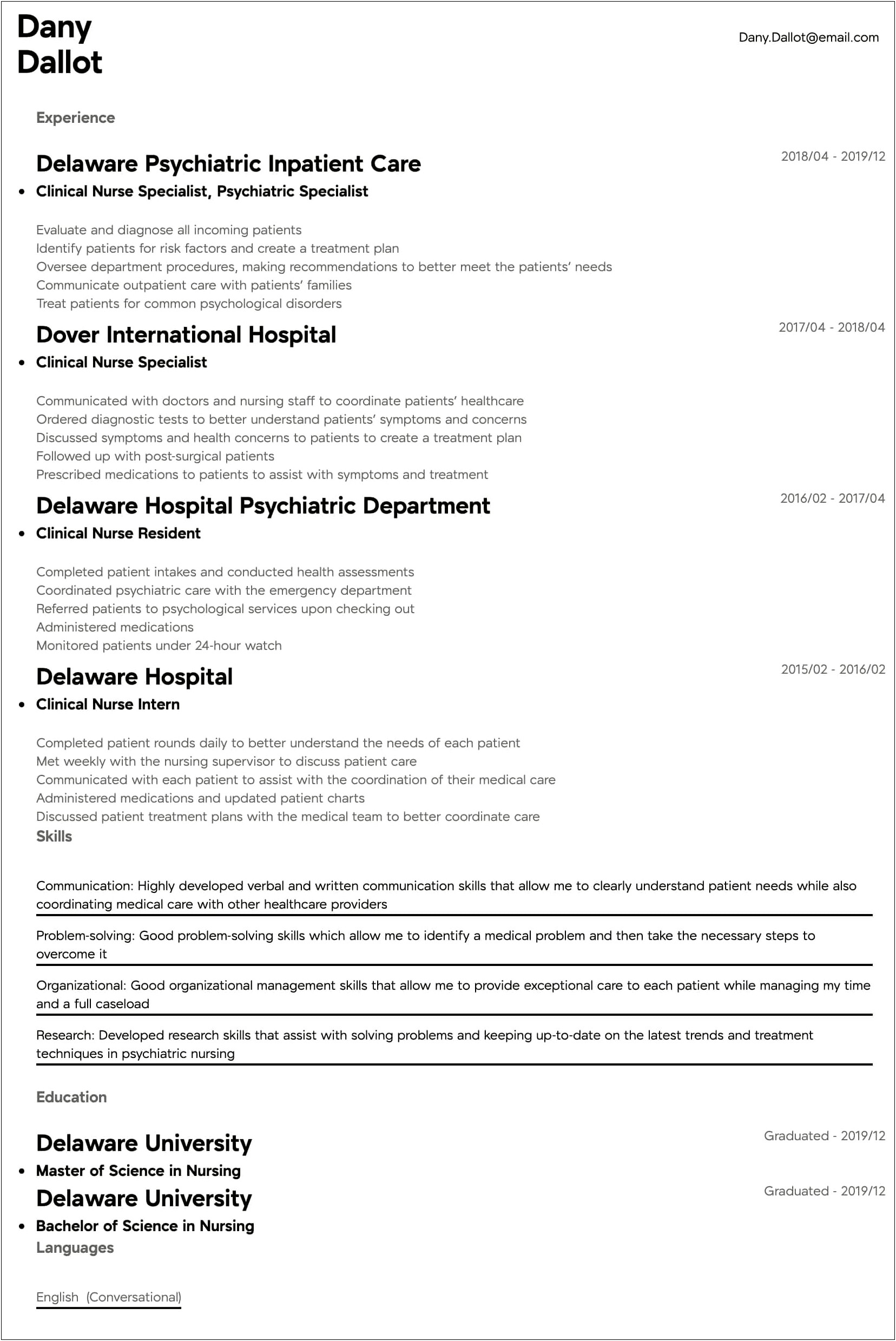 Clinical Nurse Specialist Resume Sample