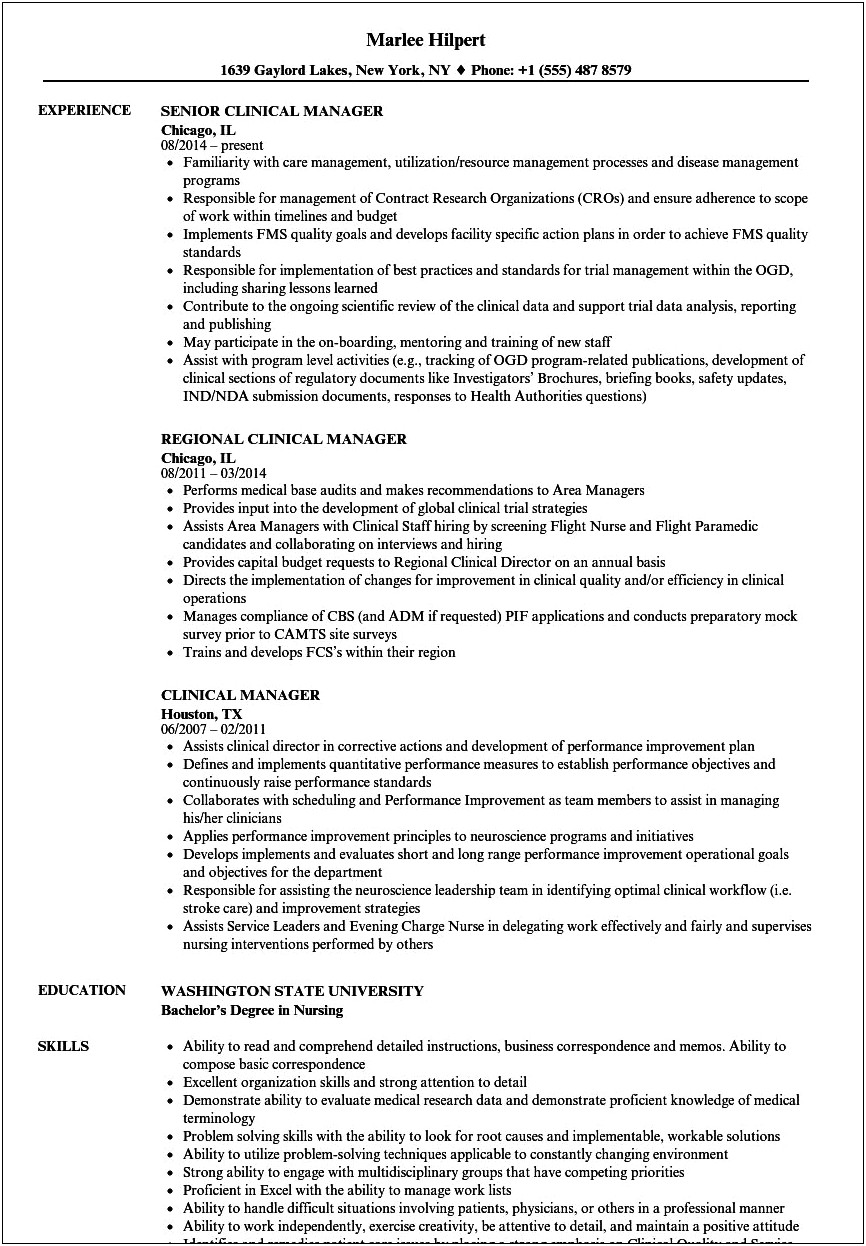 Clinical Nutrition Manager Resume Examples
