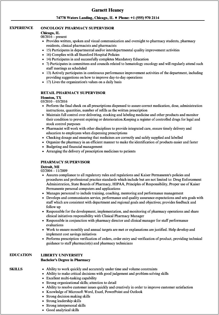Clinical Pharmacy Manager Resume Sample