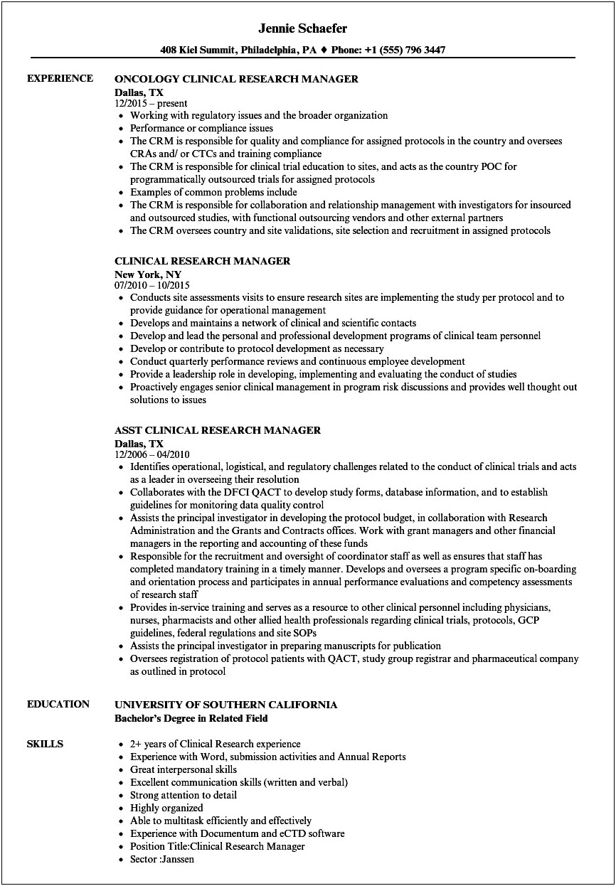 Clinical Project Manager Resume Sample