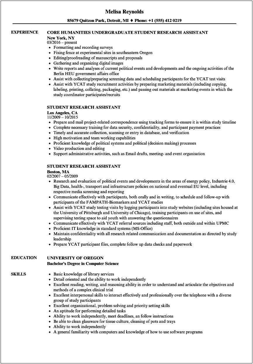 Clinical Research Assistant Job Description Resume