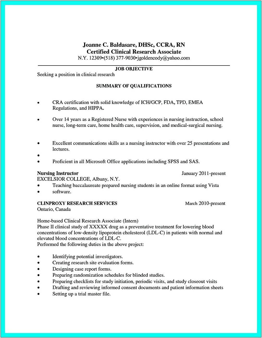Clinical Research Associate Resume Sample