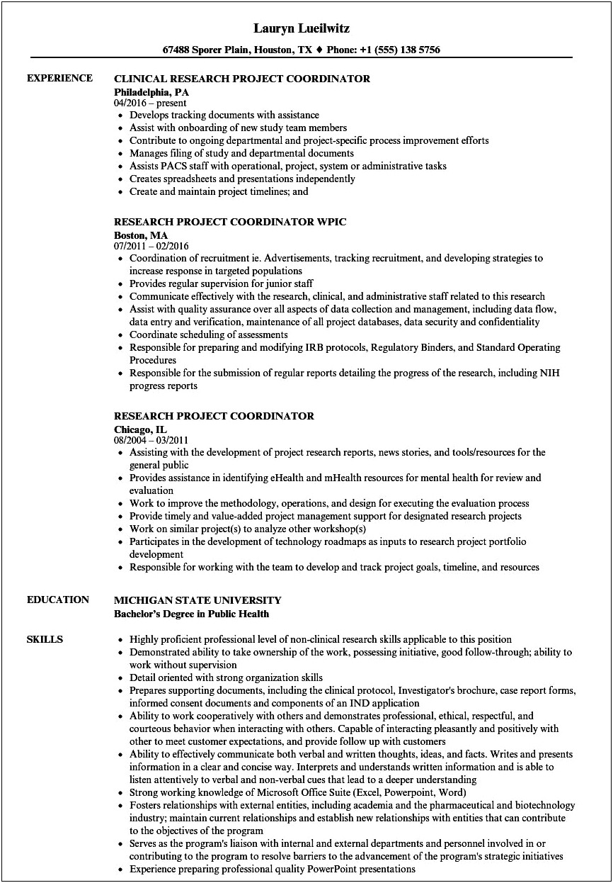 Clinical Research Coordinator Job Description Resume