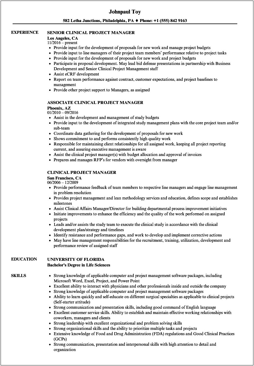 Clinical Research Project Manager Resumes