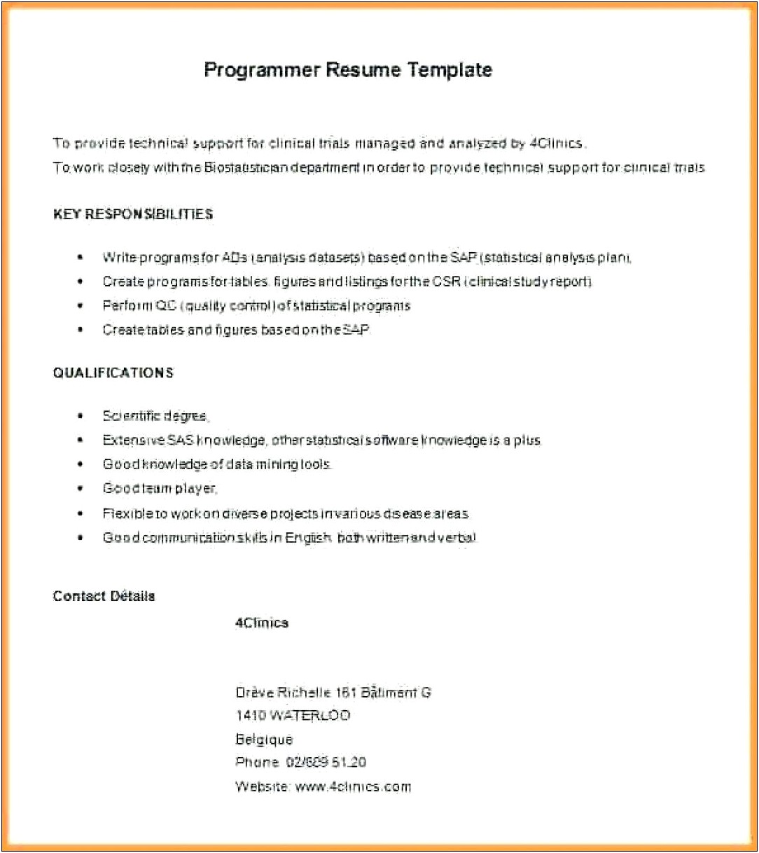 Clinical Sas Programmer Resume Example