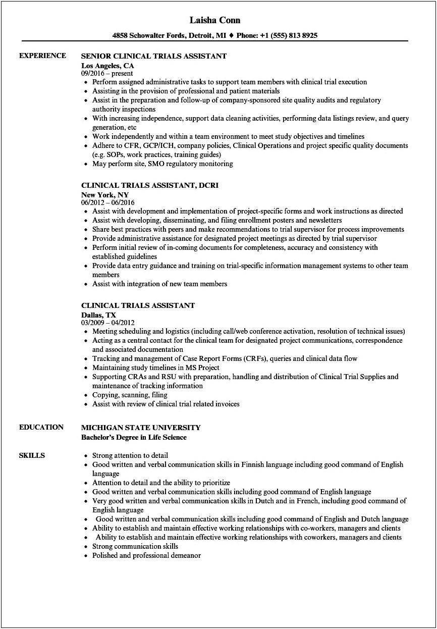 Clinical Trial Operations Sample Resume
