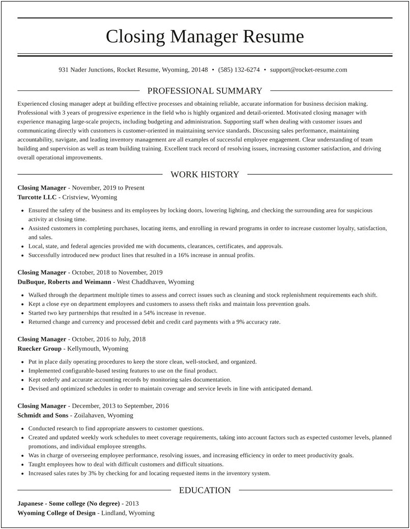 Closing Manager Job Description For Resume