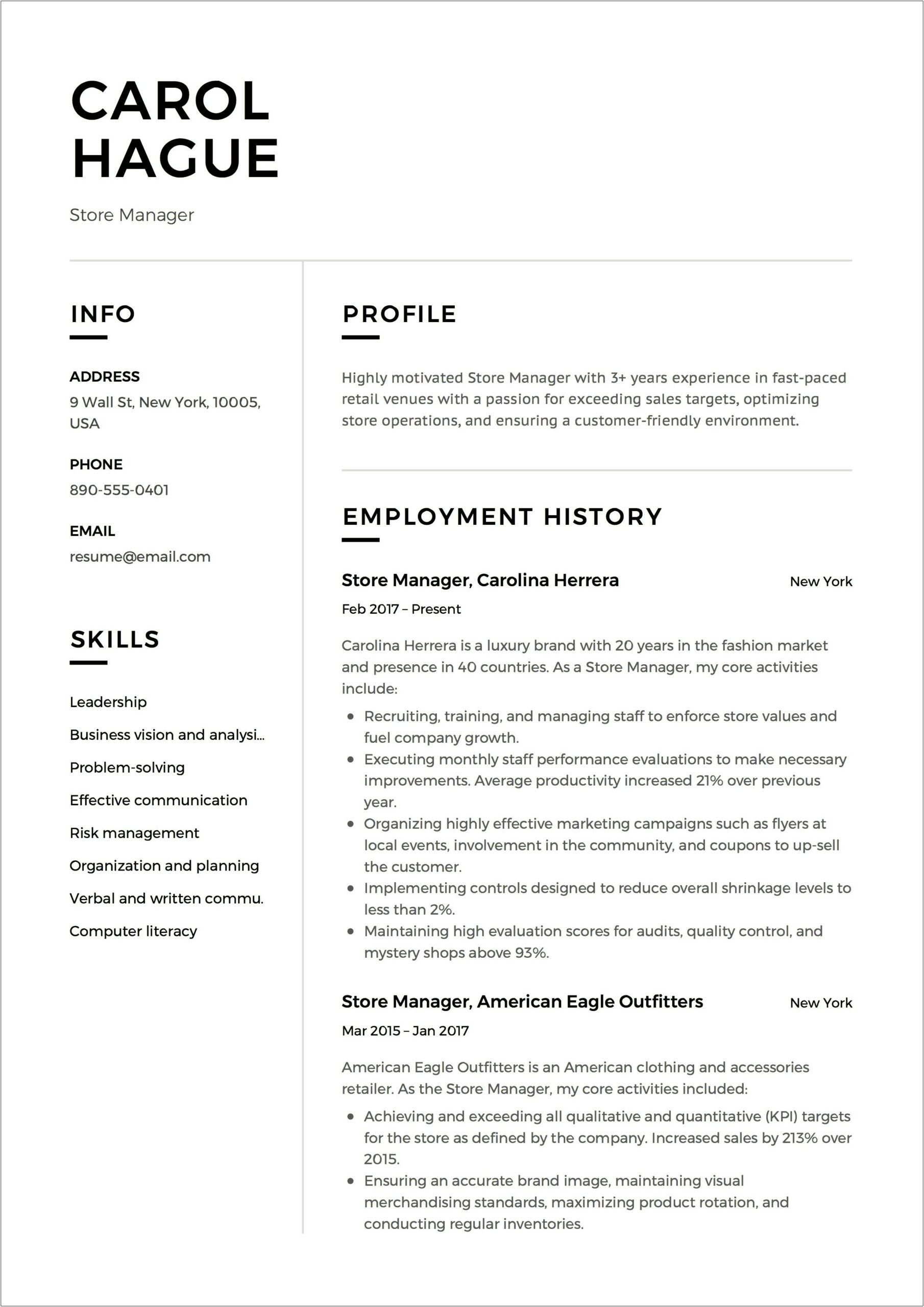 Clothing Retail Store Manager Resume