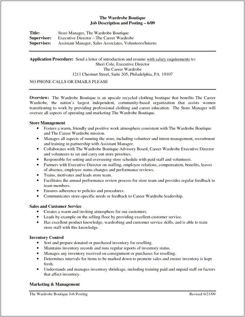 Clothing Sales Associate Job Description Resume