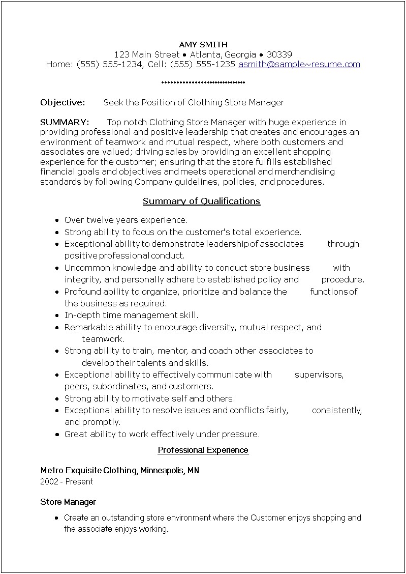 Clothing Store Job Description Resume
