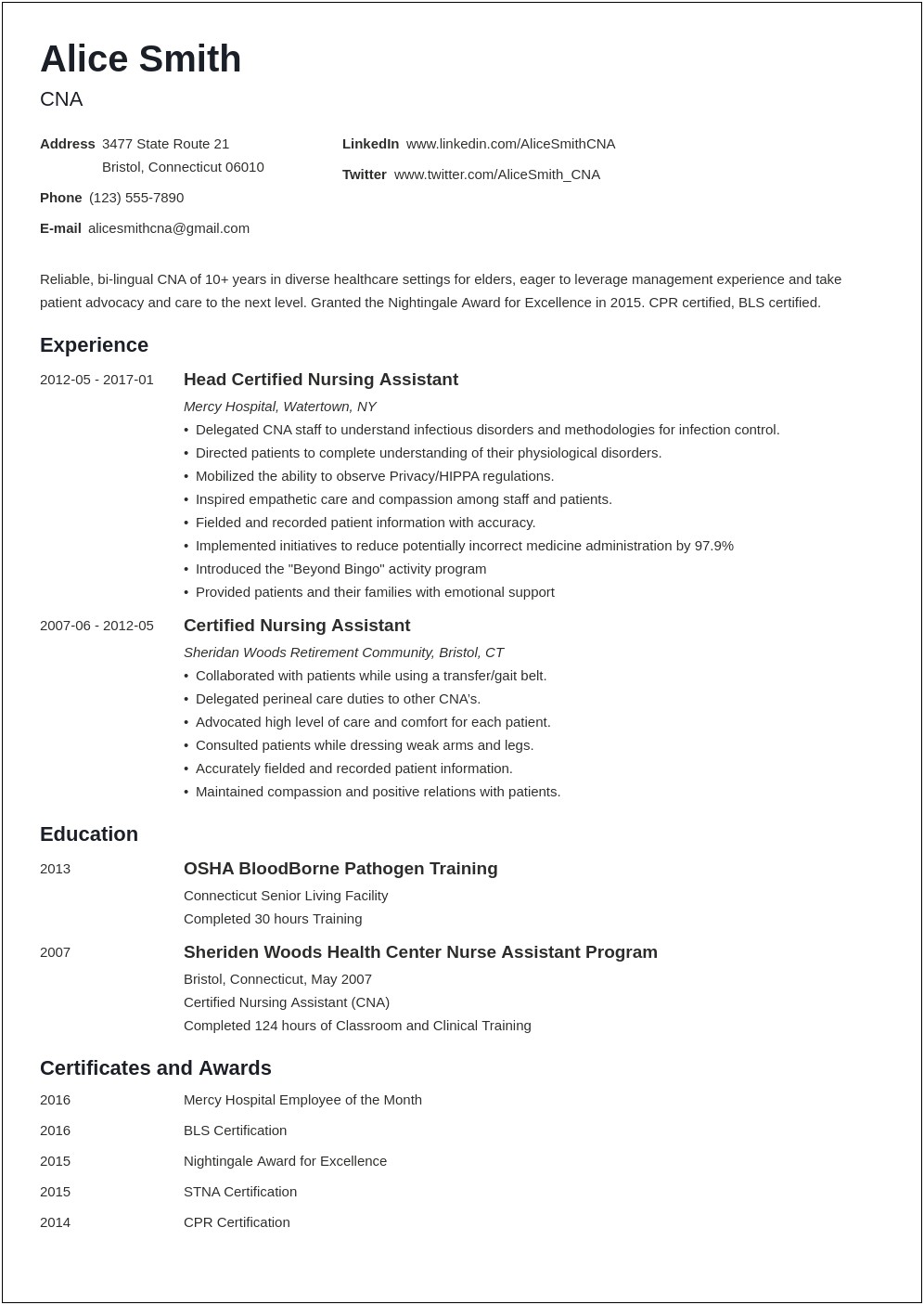 Cna Job Description Overview Resume