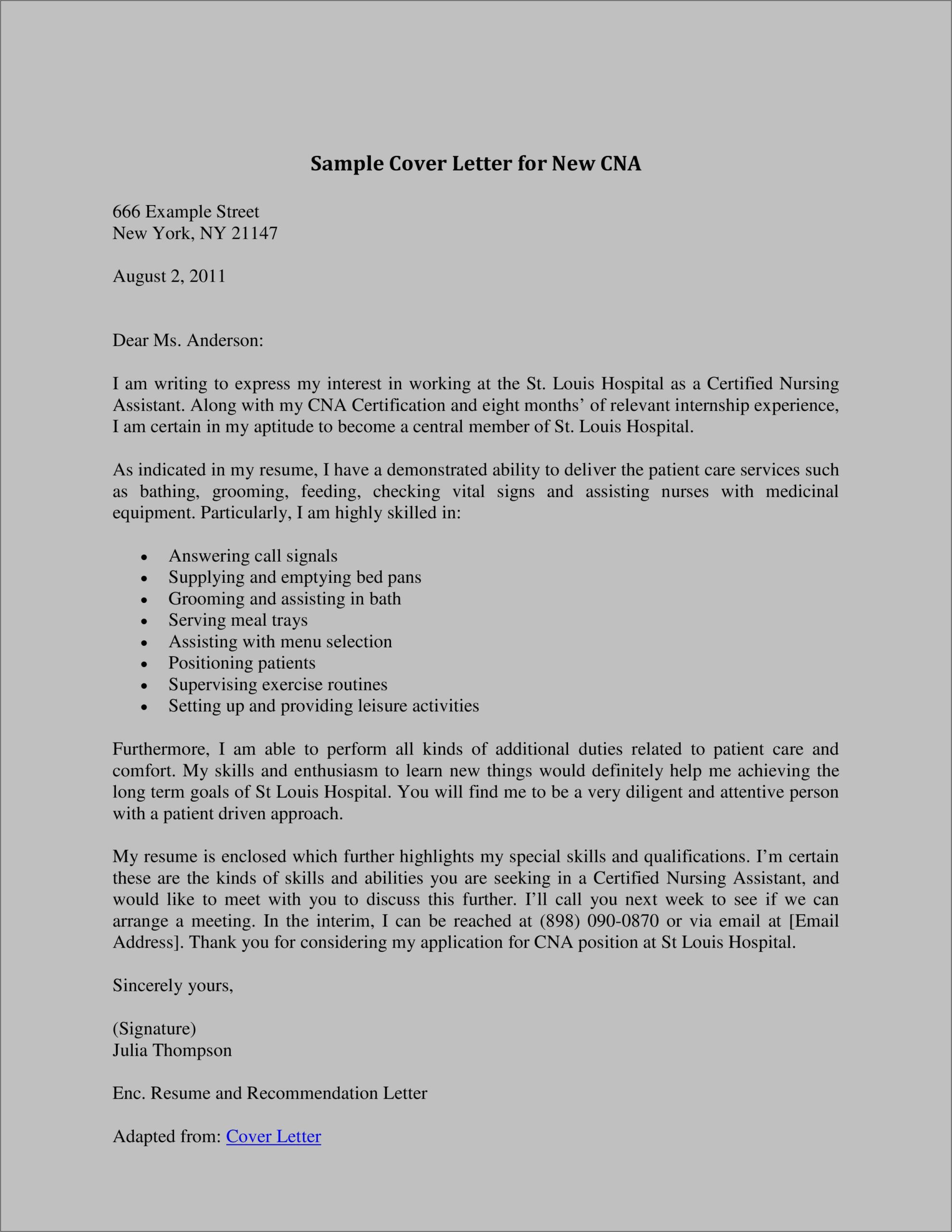 Cna Job Resume Cover Letter