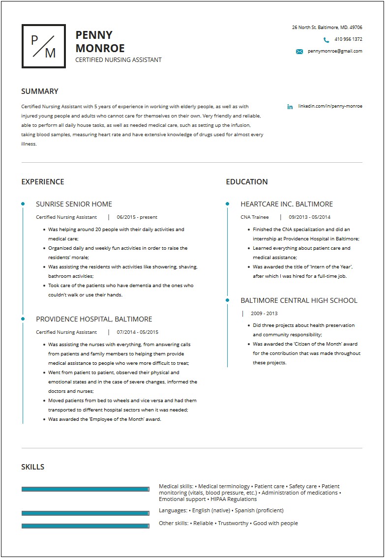 Cna Nursing Assistant Job Description Resume