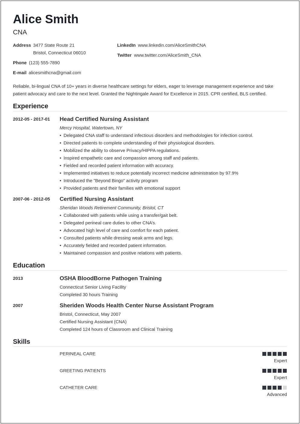 Cna Resume Example Professional Experience