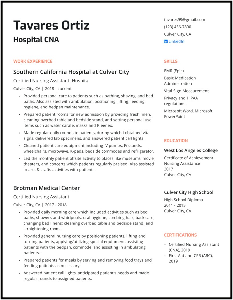 Cna Resume Sample For Hospital