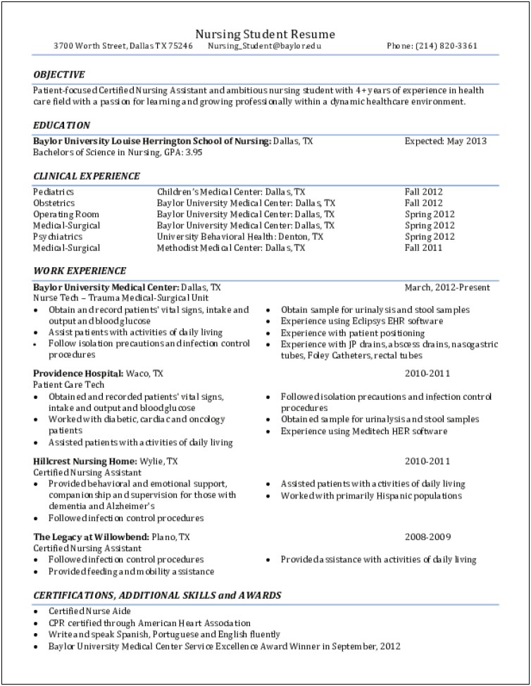 Cna Resume Sample For New Cna Applicant