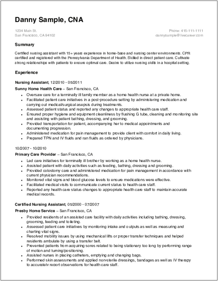 Cna Sample Resume With Experience