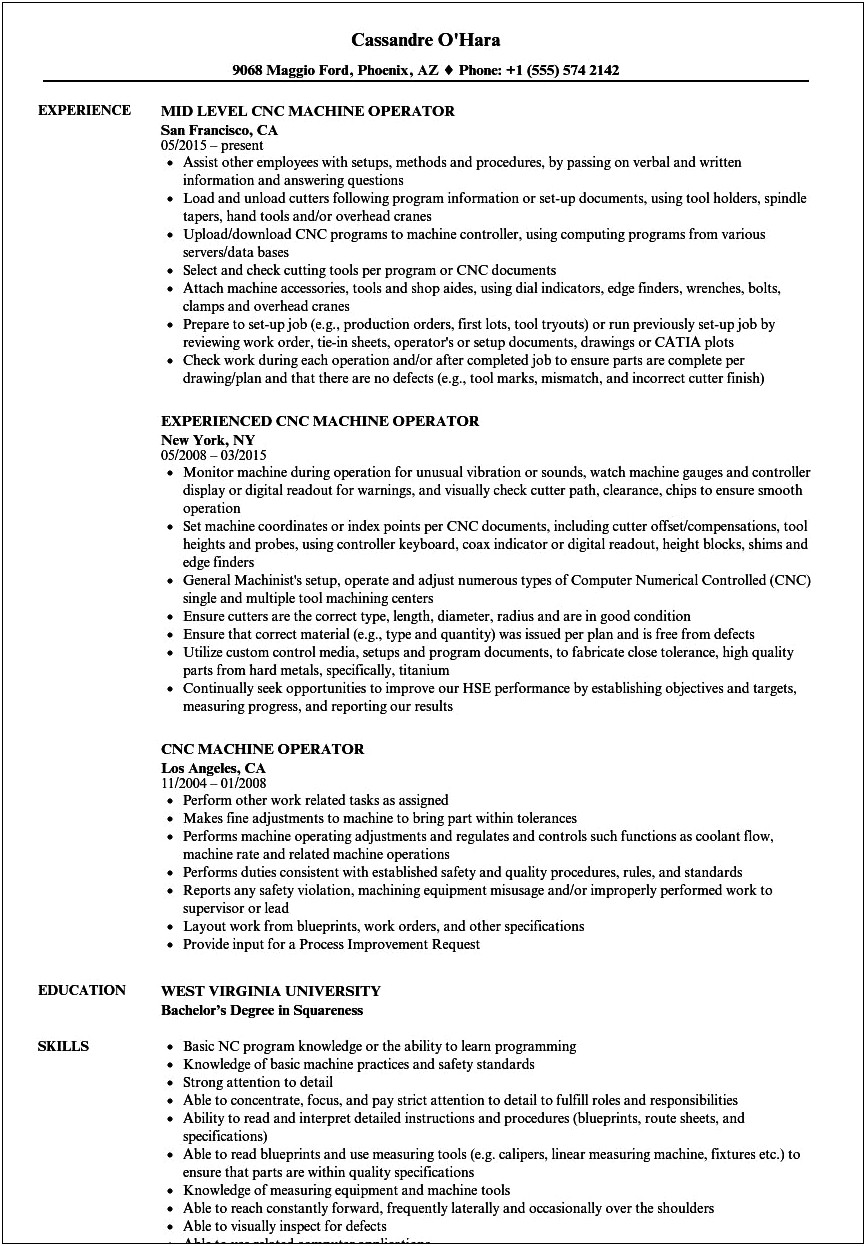 Cnc Operator Job Description For Resume