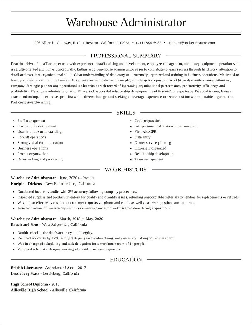 Coach Warehouse Job Description Resume
