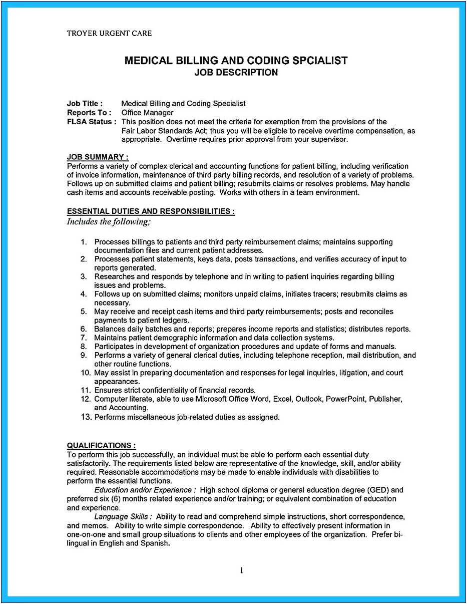 Coding Specialist Job Description For Resume