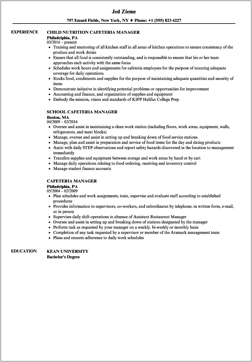 Coffee Cafe District Manager Resume