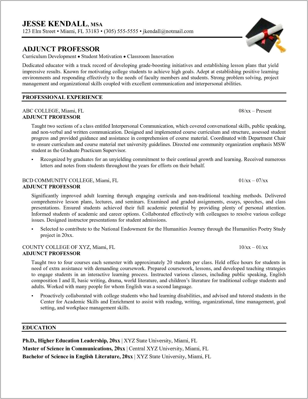 College Adjunct Resume Example No Teaching Experience