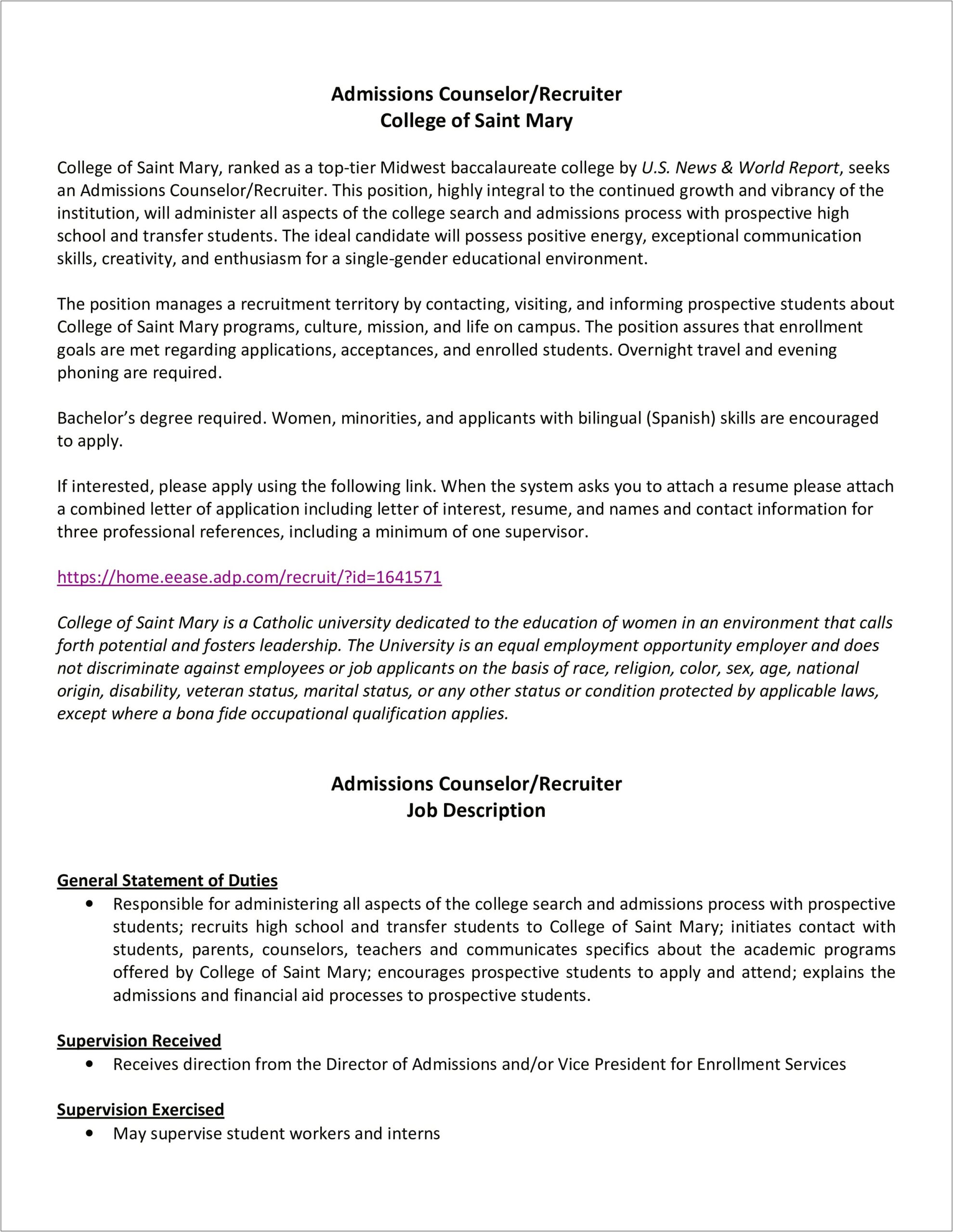 College Admissions Counselor Cover Letter Resume