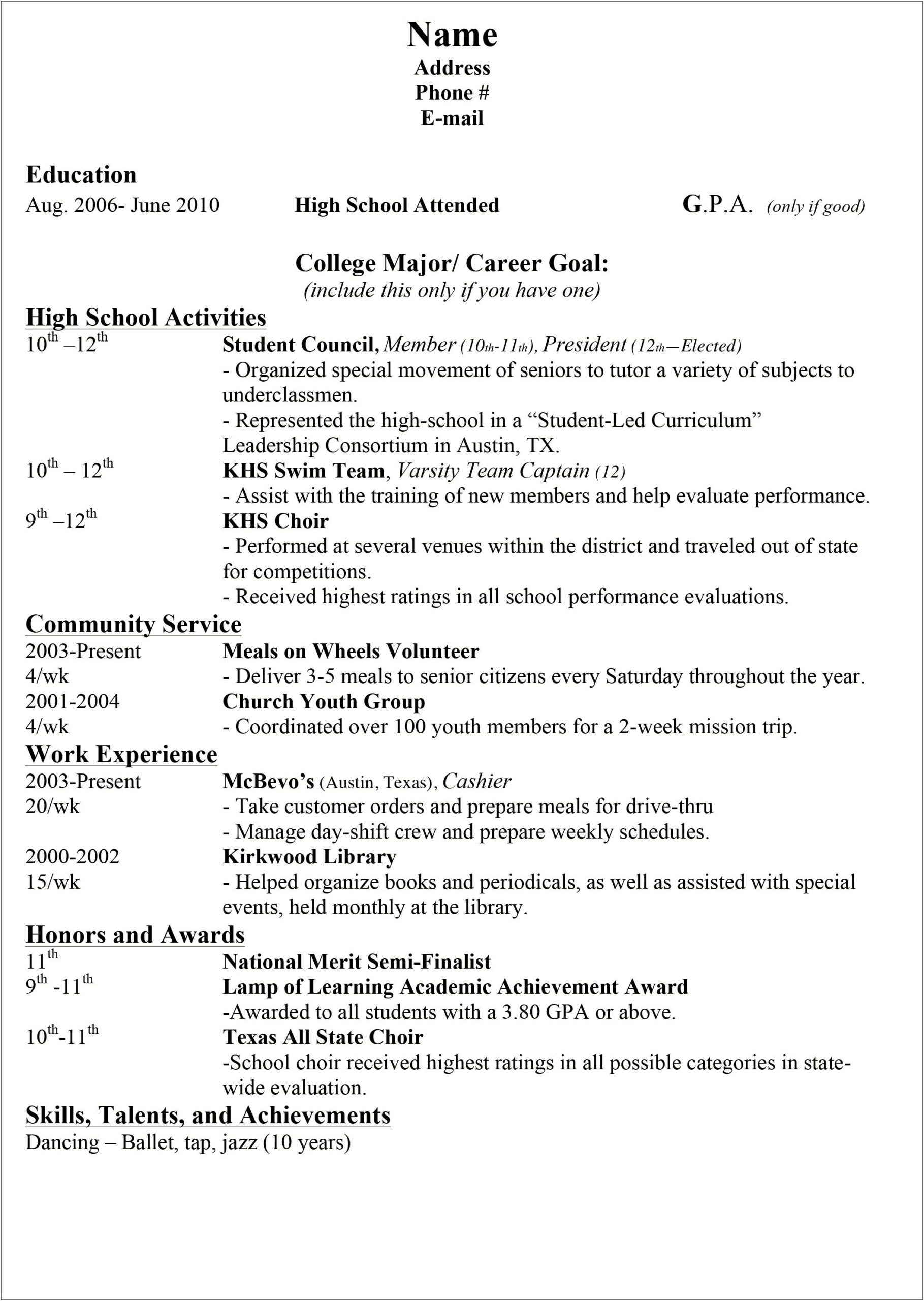 College Applicant High School Resume Sample