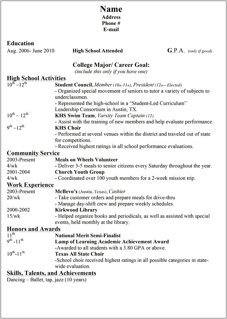 College Application Resume Example Ut