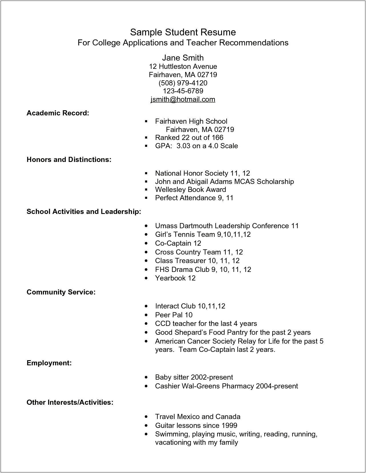 College Application Resume Examples 2018