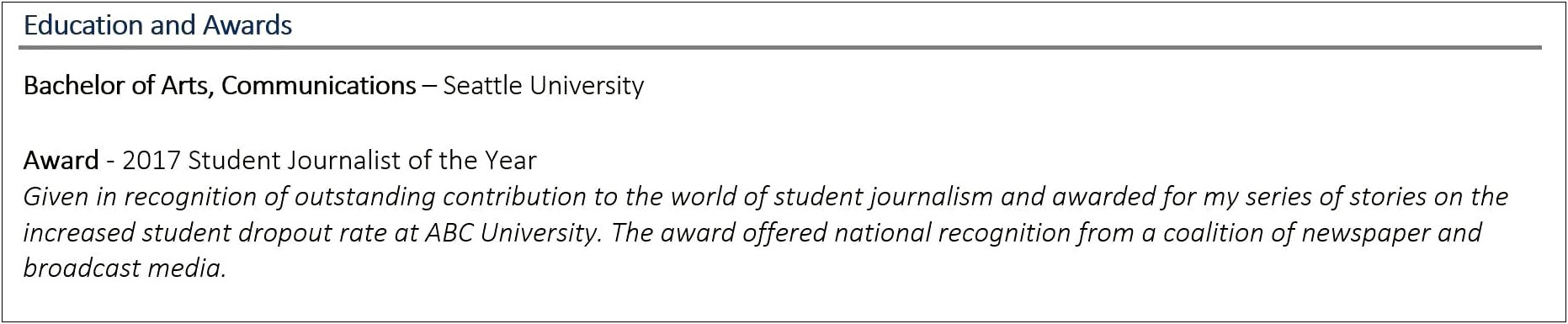 College Awards And Honors Examples Resume
